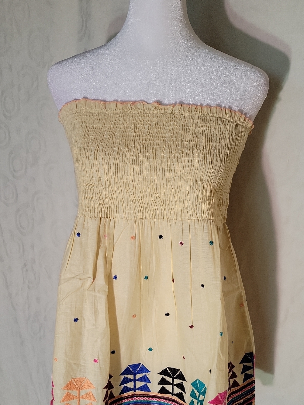 RAGA Cream Top with Colorful Embroidered Hem